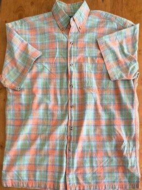 World Island Mens Plaid Short Sleeve Button Down Shirt Orange Green Cotton M